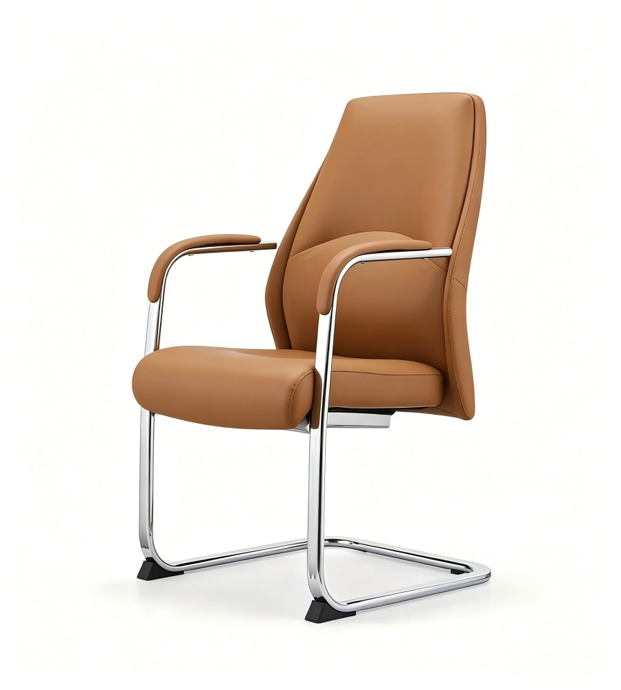 西皮襯墊扶手弓形腳橙色會議椅 Leather Cantilever Conference Chair with Padded Armrests